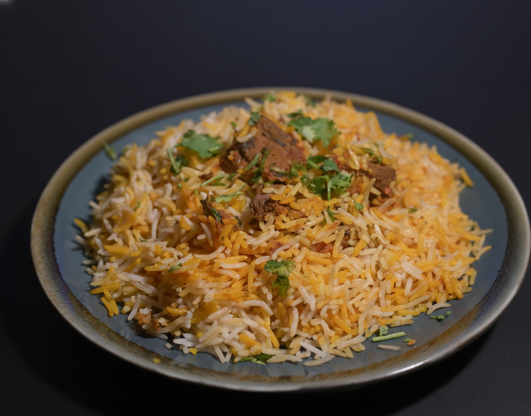 Beef Biryani with saffron rice and fried onions
